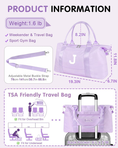 Daughter Niece Gifts for Teen Girl Kids, Initial Travel Duffel Bag Sports Gym Bag Personalized Gifts Weekender Bag，Monogram Overnight Bag Cute Dance Bag Birthday Bridesmaid Gifts for Women(Purple, J)