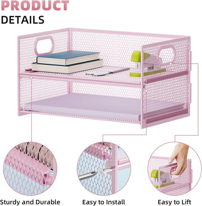 Marbrasse 2 Tier Paper Organizer Letter Tray, Mesh File Organizer with Handle, Paper Sorter Desk Organizer for Home Office Supplies - Pink