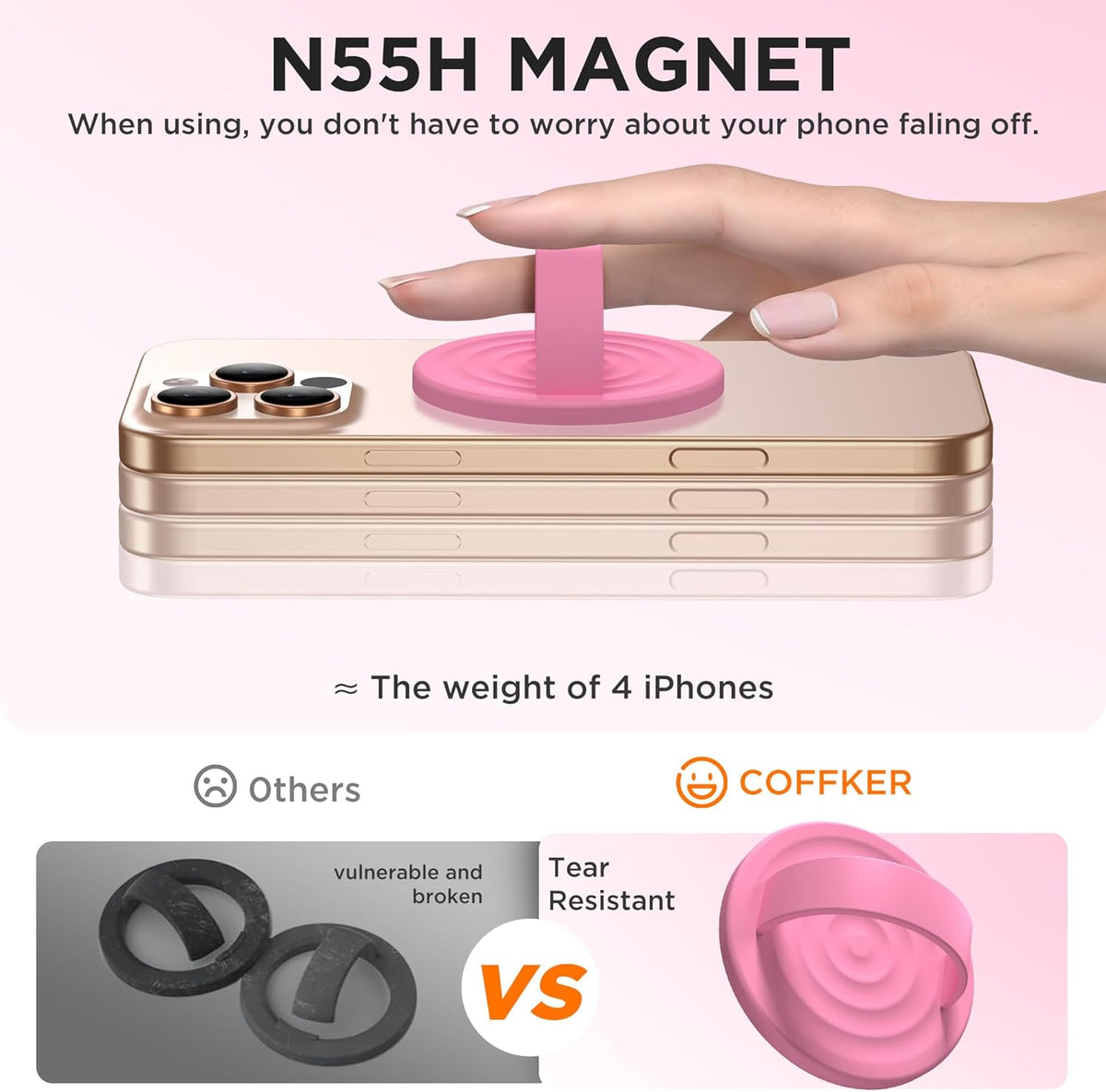 Magnetic Phone Ring Grip Holder, Silicone Finger Loop Grip, Compatible with MasSafe, Back of Phone for iPhone Pro Max/Plus/16/15/15/14/13/12 Series, Tender Pink