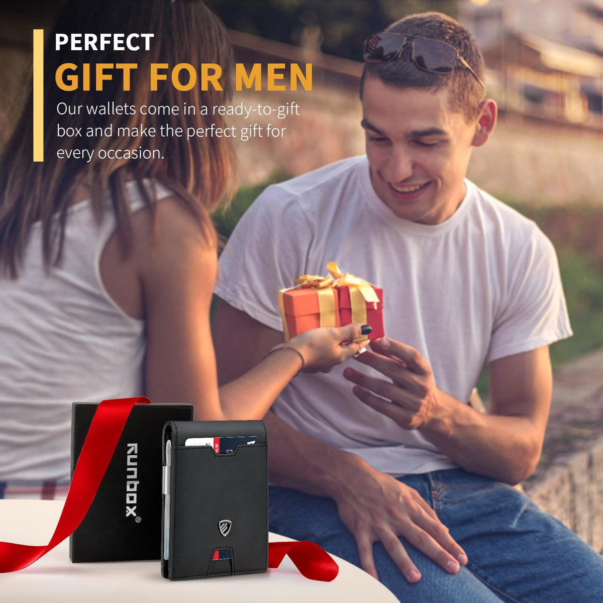 RUNBOX Mens Slim Wallet with Money Clip RFID Blocking Bifold Credit Card Holder for Men with Gift Box