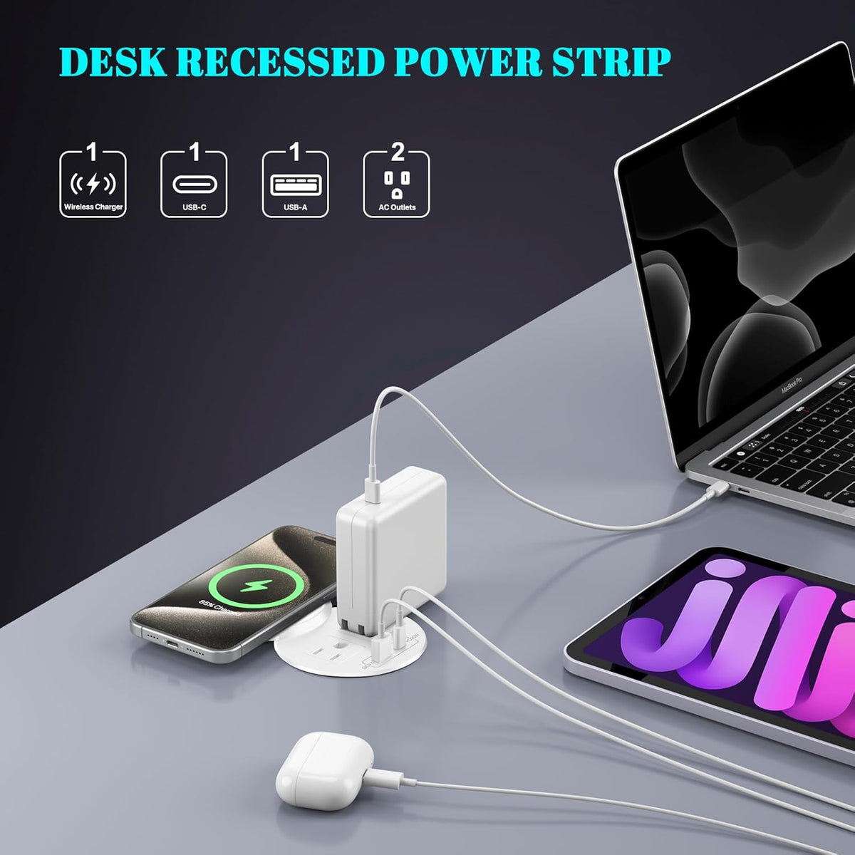 PD 20W USB C Desk Power Grommet with 15W Wireless Charger Cover, Recessed Power Strip with 18W USB A and 2 AC Outlets,Hidden Power Outlets with 6FT Cords for Office, Home, Conference(White)
