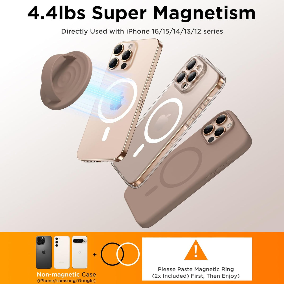 Magnetic Phone Ring Grip Holder, Silicone Finger Loop Grip, Compatible with MasSafe, Back of Phone for iPhone Pro Max/Plus/16/15/15/14/13/12 Series, Light Brown