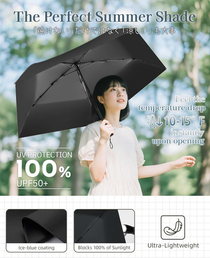 Mini Compact Travel Umbrella, 3.7Oz Ultralight Carbon Fiber UPF 50+ UV Protection Umbrellas for Rain & Sun, Portable Small for Backpack Car, for Women Men Kids, TSA Approved