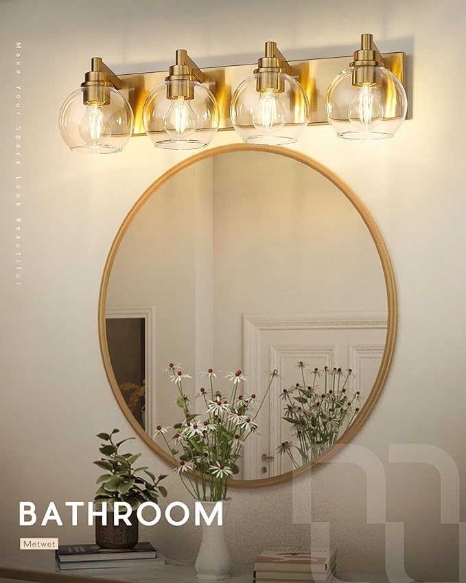 METWET Bathroom Light Fixtures, 4 Light Brushed Gold Vanity Light, 26 Inch