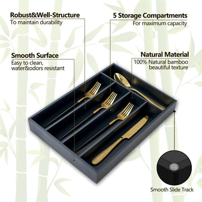 Silverware Organizer, 2 Pack 10 Inch Utensil Organizer Kitchen Drawer Organizer Bamboo Silverware Holder Cutlery Tray Organizer in Drawer Flatware Organizer Tray(5 slots, Black）