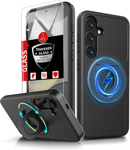 for Samsung Galaxy S24 Plus Case Magnetic Compatible with MagSafe Wireless Charging,with Screen Protector,for S24+Plus Case with Stand Ring Anti-Scratch Shockproof Heavy Duty Protection Black