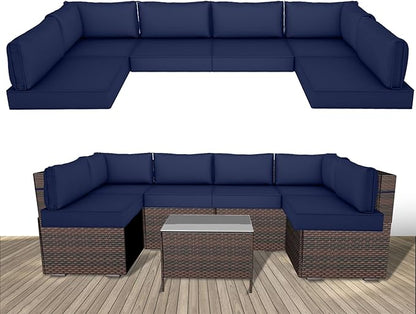 14 Piece Outdoor Replacement Cushions for Patio Furniture, Water-Resistant Sectional Sofa Cushions,Fits 6-seat Sectional Rattan Conversation Set,Liner and Cover (Navy Blue)