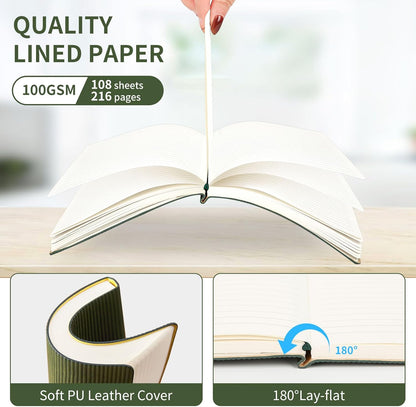 TSFPapier A5 Lined Notebook with Pen & Gift Box 216 Pages PU Leather Journal for Women Men 100GSM Thick Paper College Ruled Notebook for School,Travel,Business,Work,Home Writing (A5 Lined 216pages, Dark Green - Gift Box Set)