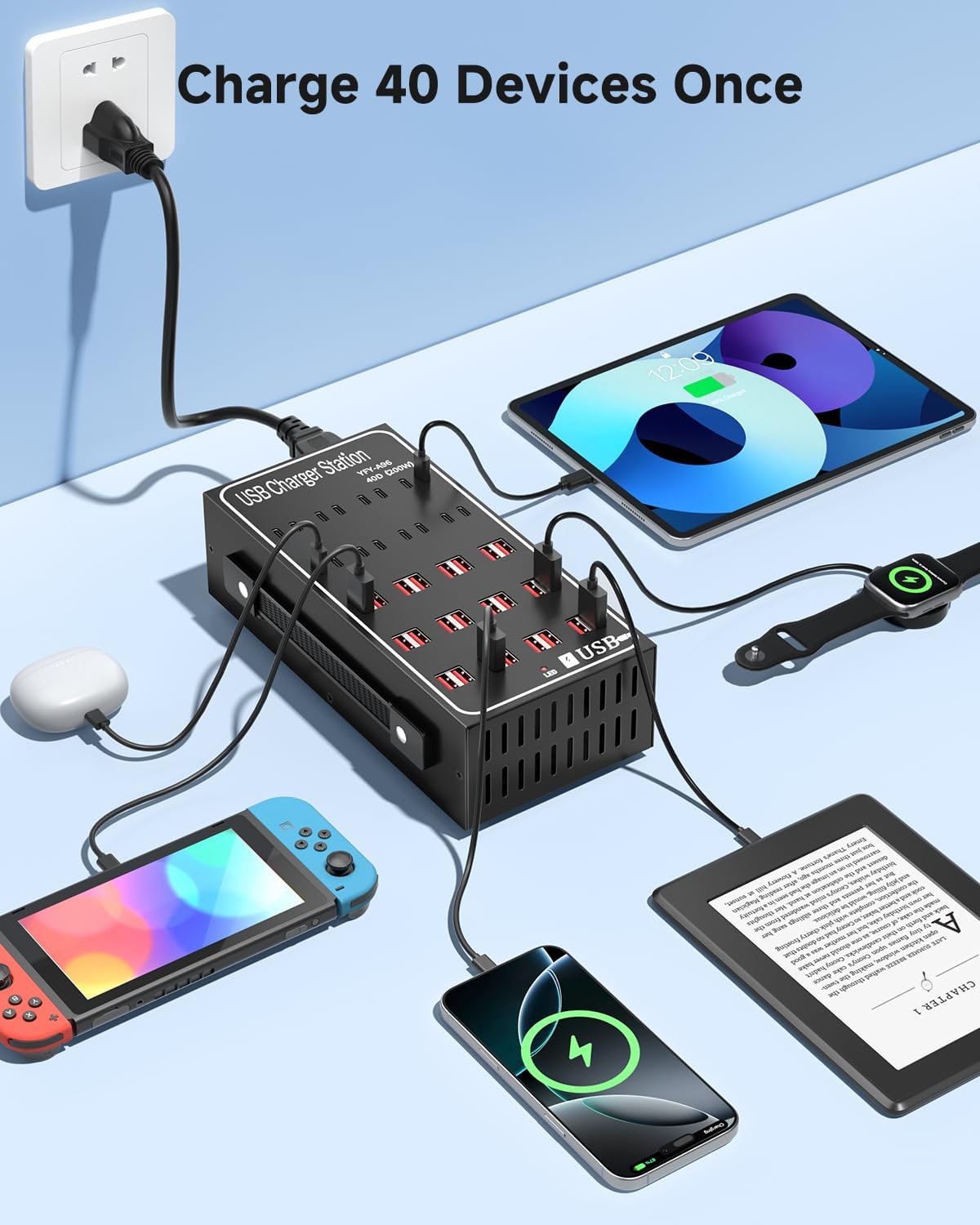 200W USB~c Charging Station, 40 Port (24 USB A & 16 USB~C Port) USB~C Charger Block, Fast Charging Station for Multiple Devices, Desktop USB Charger Compatible for iPhone, iPad, Tablets