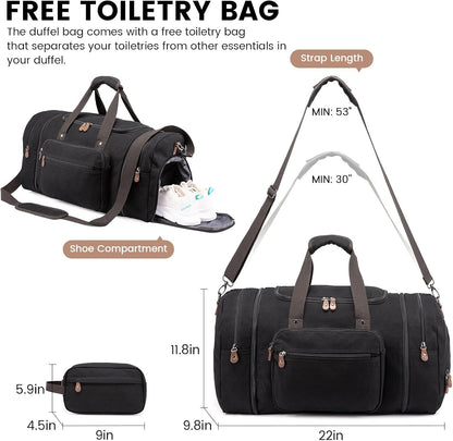 Sucipi Canvas Travel Duffel Bag for Men, Weekend Overnight Bag with Shoe Compartment and Toiletry Bag, Carry-On for Airplanes, Black