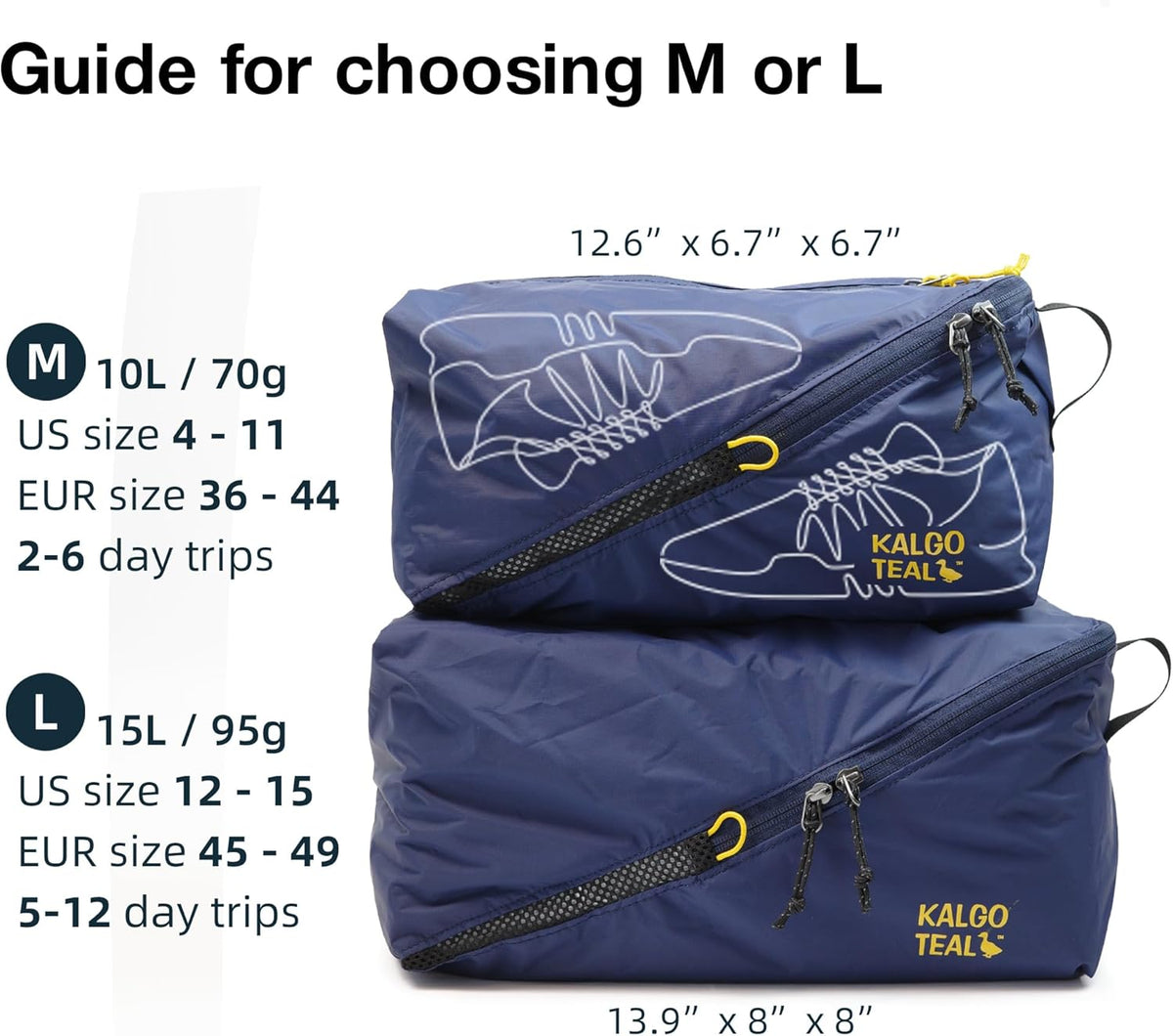 Ultralight Travel Shoe Bag 15L, Fits 2 Pairs Shoes, Large Water-Resistant Packing Cube.