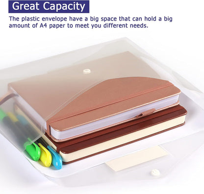 6 Pack Clear Document Folders Plastic Envelopes Poly Envelopes File Envelopes with Label Pocket and Snap Button for Home Work Office Organization, Letter Size/A4 Size, White