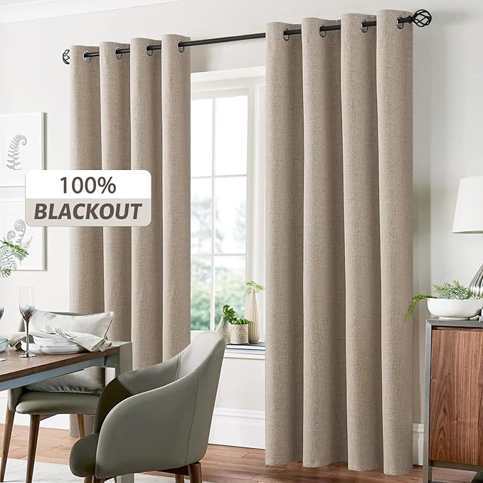 Yakamok Natural Linen Curtains 100% Blackout 84 Inches Long,Room Darkening Textured Curtains for Living Room Thermal Grommet Bedroom Curtains 2 Panels with Greyish White Liner