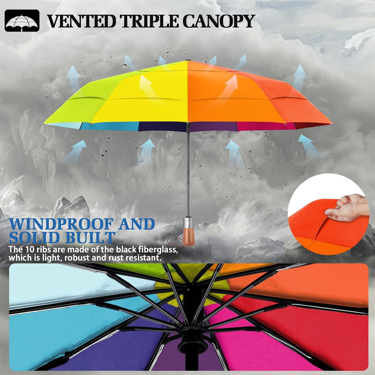 Umbrella Strong Windproof, Triple-Layer Canopy, 10 Fiberglass Ribs, Auto Open/Close, Wooden Handle, Sleeve with Anti-Loss Hook, Umbrellas for Travel & Commute & Daily Use & Gift