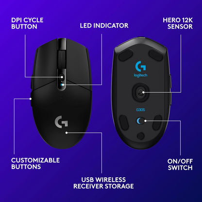 Logitech G305 LIGHTSPEED Wireless Gaming Mouse, Hero 12K Sensor, 12,000 DPI, Lightweight, 6 Programmable Buttons, 250h Battery Life, On-Board Memory, PC/Mac - Black
