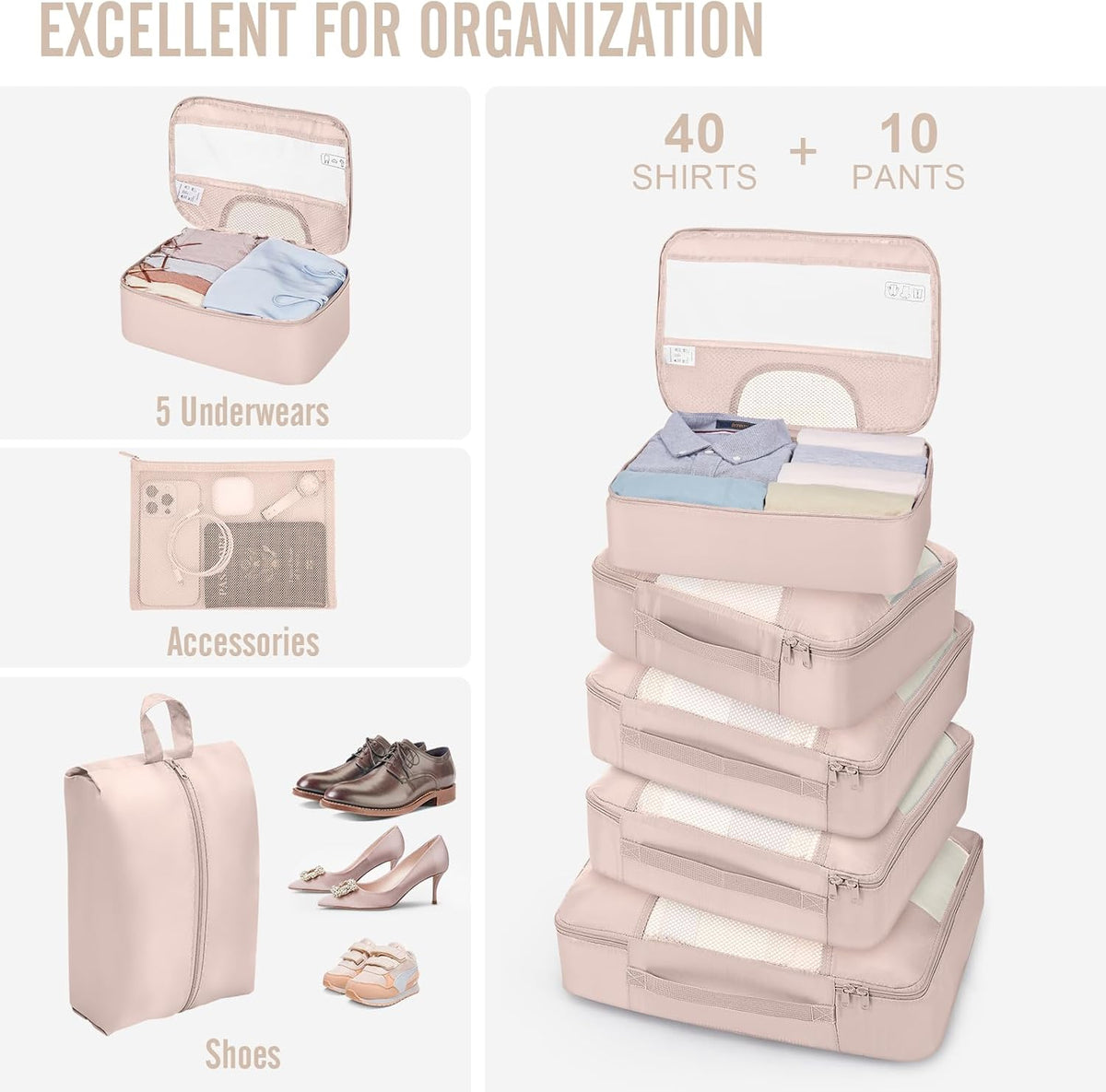 Veken 10 Set Packing Cubes for Travel, Beach Vacation Essentials Accessories for Cruise Ship, Suitcase Organizer Bags for Luggage with Hanging Toiletry & Shoe Bag, Birthday Gifts for Women Mom Her