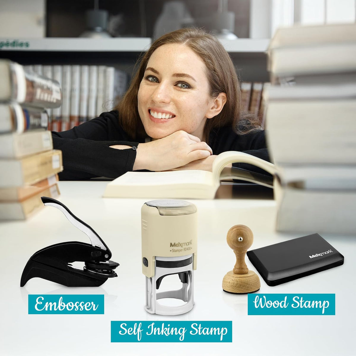 Custom Library Embosser - Style 103 - Embosser, Wood Stamp or Self Inking Stamp - Book Embosser Includes 50 Gold Seals - Custom Stamp Seal from The Library of