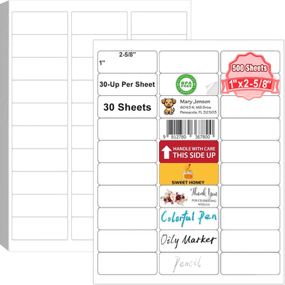 Address Labels 1" x 2-5/8", 15000 Printable Labels for Mailing, Envelopes, Laser/Inkjet Printer, 8.5"×11" White Label Stikcers Paper 30 Up Blank Label Per Sheet,(500 Sheets)