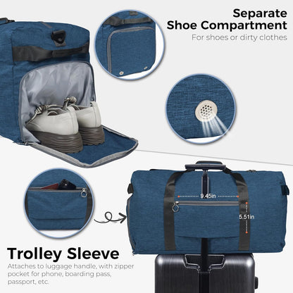 Fmeida 65L Duffle Bag with Shoes Compartment, Foldable Travel Duffel Bags for Men Women, Large Packable Travel Bag Water Repellent & Tear Resistant (Blue)