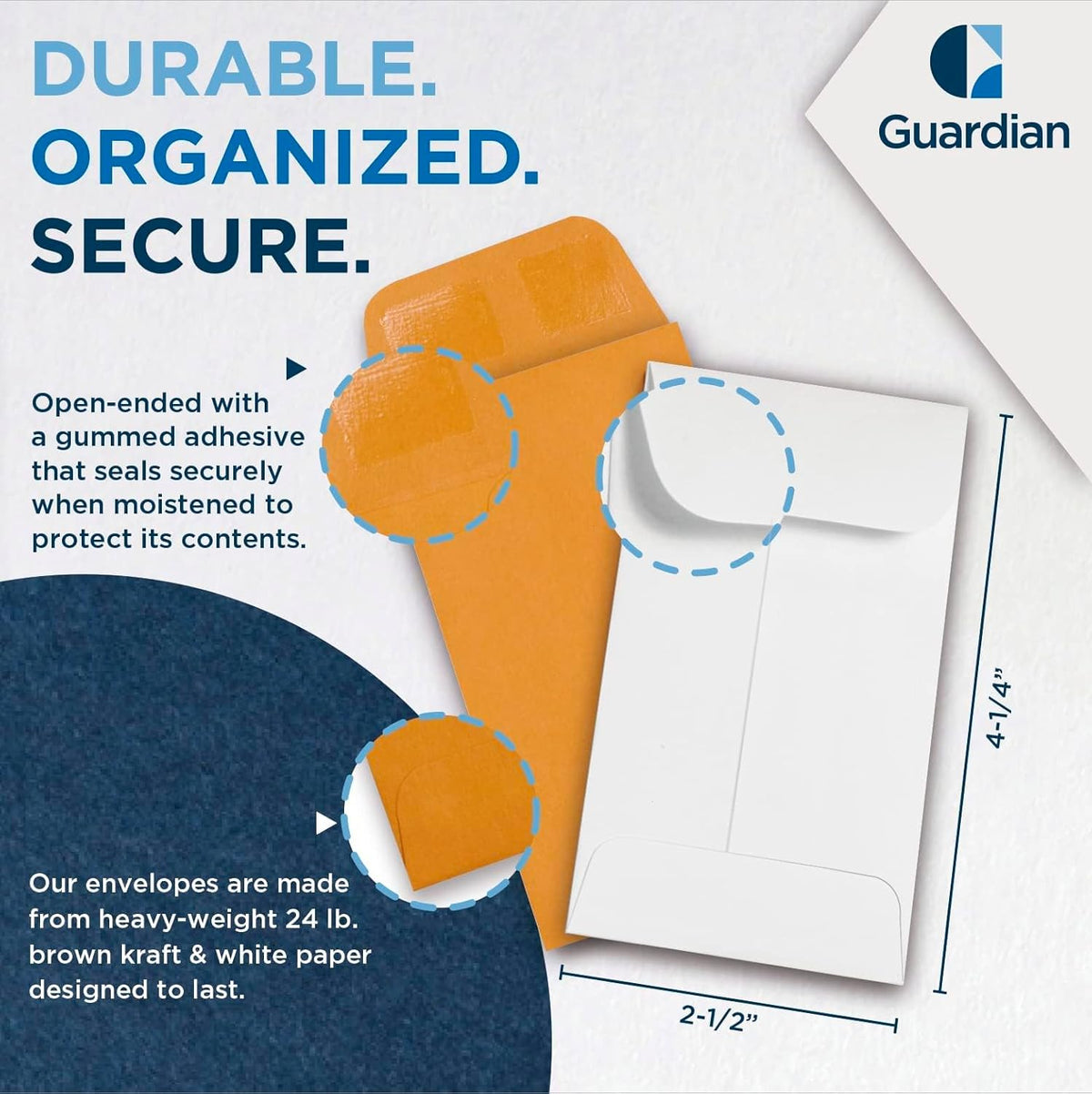 500 Guardian #3 Paper Coin Envelopes - Blank Small Envelopes for Coins, Receipts, Stamps, Small Parts Storage, & More – 2-1/2” x 4-1/4” Cash Envelopes – Gummed Flap Gift Card Holder Envelopes