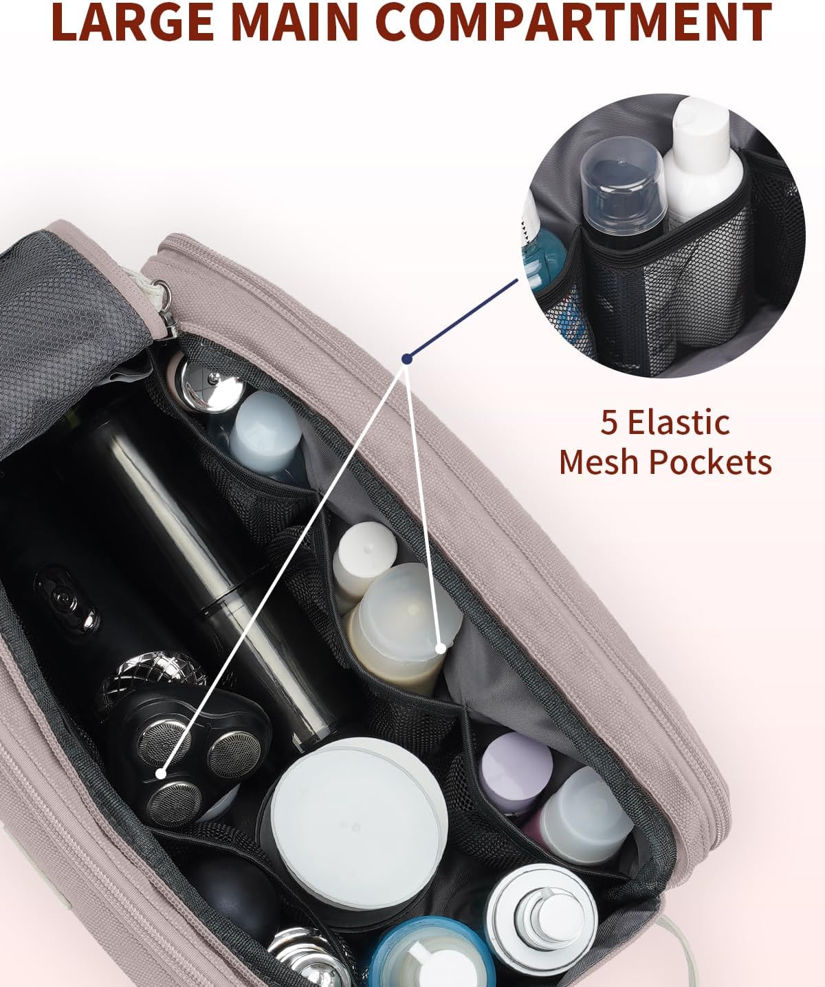 WANDF Toiletry Bag for Men Travel Toiletry Organizer Canvas and Leather Dopp Kit Water-Resistant Shaving Bag for Travel Accessories (Light Pink, Large)