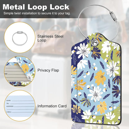 2Pack Luggage Tags for Suitcases, Cute Unique Pu Leather Cruise Luggage Tag with Privacy Cover ID Label Address Card and Metal Ring Suitable for Women Men Kids Travel Bag Yellow and White Floral Print