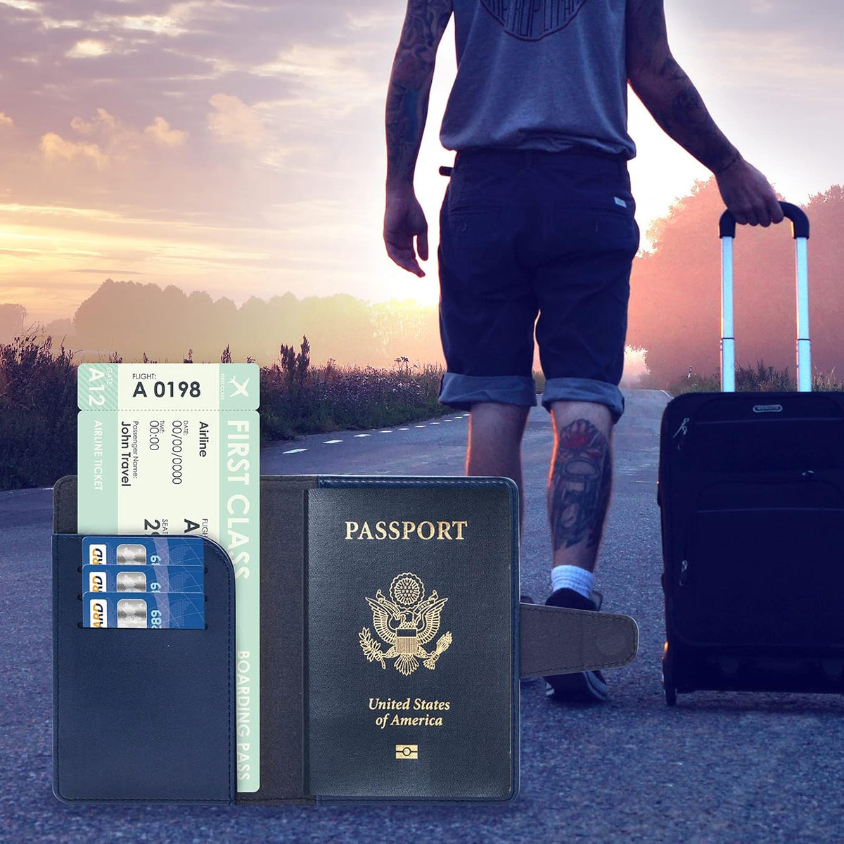 RFID Blocking Genuine Leather Wallet Passport Holder for Travel with Credit Card Slots and Ticket Pocket Durable Design (Blue)