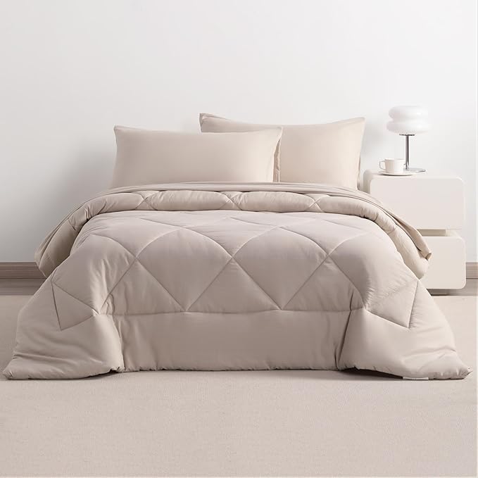 NTBAY Twin Comforter Set with Sheets, 5 Pieces Soft and Breathable Twin Bedding Set, Twin Bed in a Bag, Down Alternative Comforter Set Solid Color All Season, Kids Bedding Set, Taupe