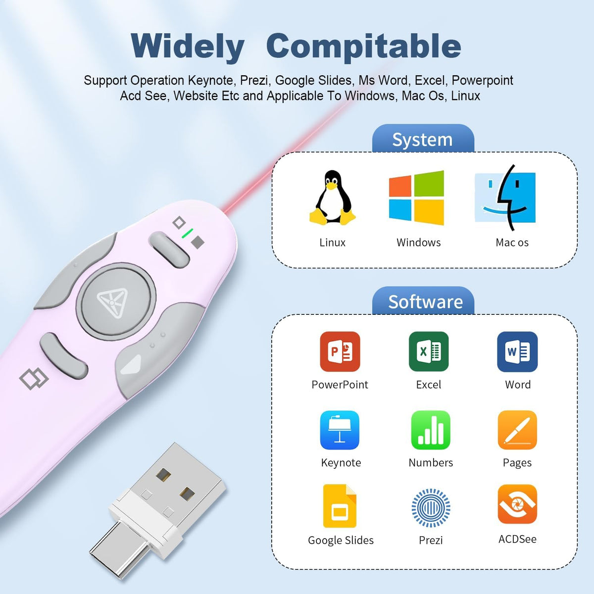 QUI Presentation Clicker Wireless Presenter Remote Clicker for PowerPoint Presentation Remote, PowerPoint Slide Advancer for Mac/Windows/Linux, Google Slide/PPT/Keynote, Type-c Purple