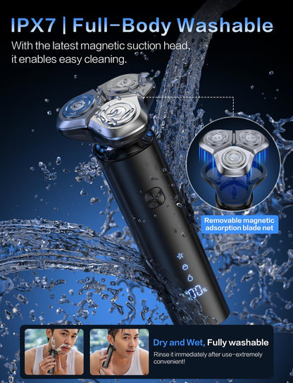 Electric Razor for Men, Men's Electric Shaver, 3-Blade Rotary Shaving System, Touch Switch, Type-C Fast Charging, LED Display, Travel Lock, 90+ Minutes Run Time