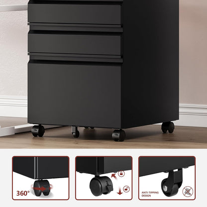 3 Drawer File Cabinet，Mobile Filing Cabinet with Lock and Wheels，Fully Assembled Metal Under Desk File Cabinets for A4/Letter/Legal Size（Black