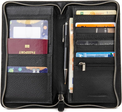 Premium Full-Grained Leather RFID Passport Holder for Travel, Multifunctional and Large Capacity RFID Blocking Passport Holder Wallet (Black)