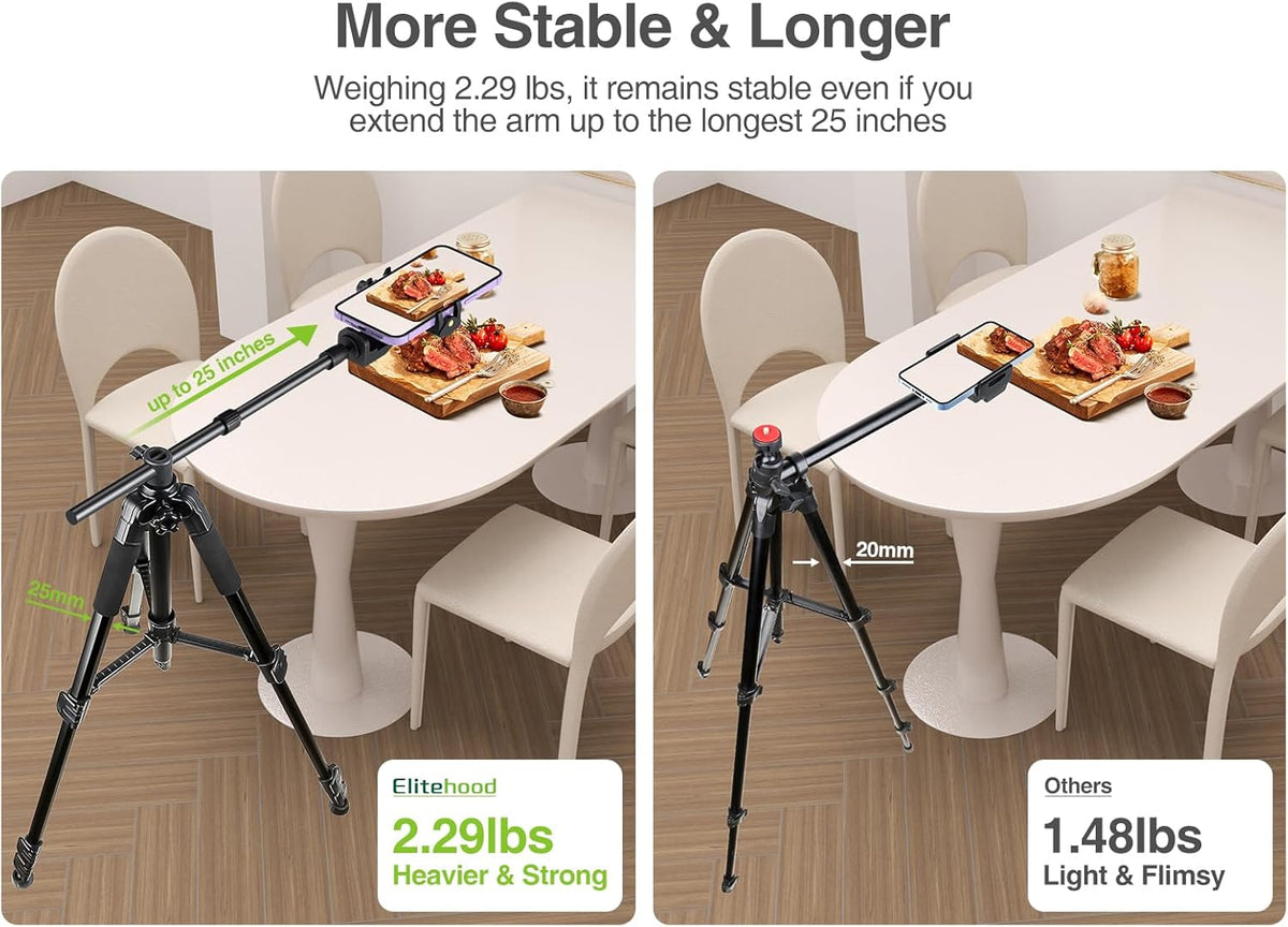 Elitehood Ultra-Stable Overhead Tripod for iPhone – Heavy Duty Aluminum iPhone Tripod Stand, 360°Adjustable & 25in Horizontal Long Phone Arm, Tall Phone Holder Stand Mount for Recording