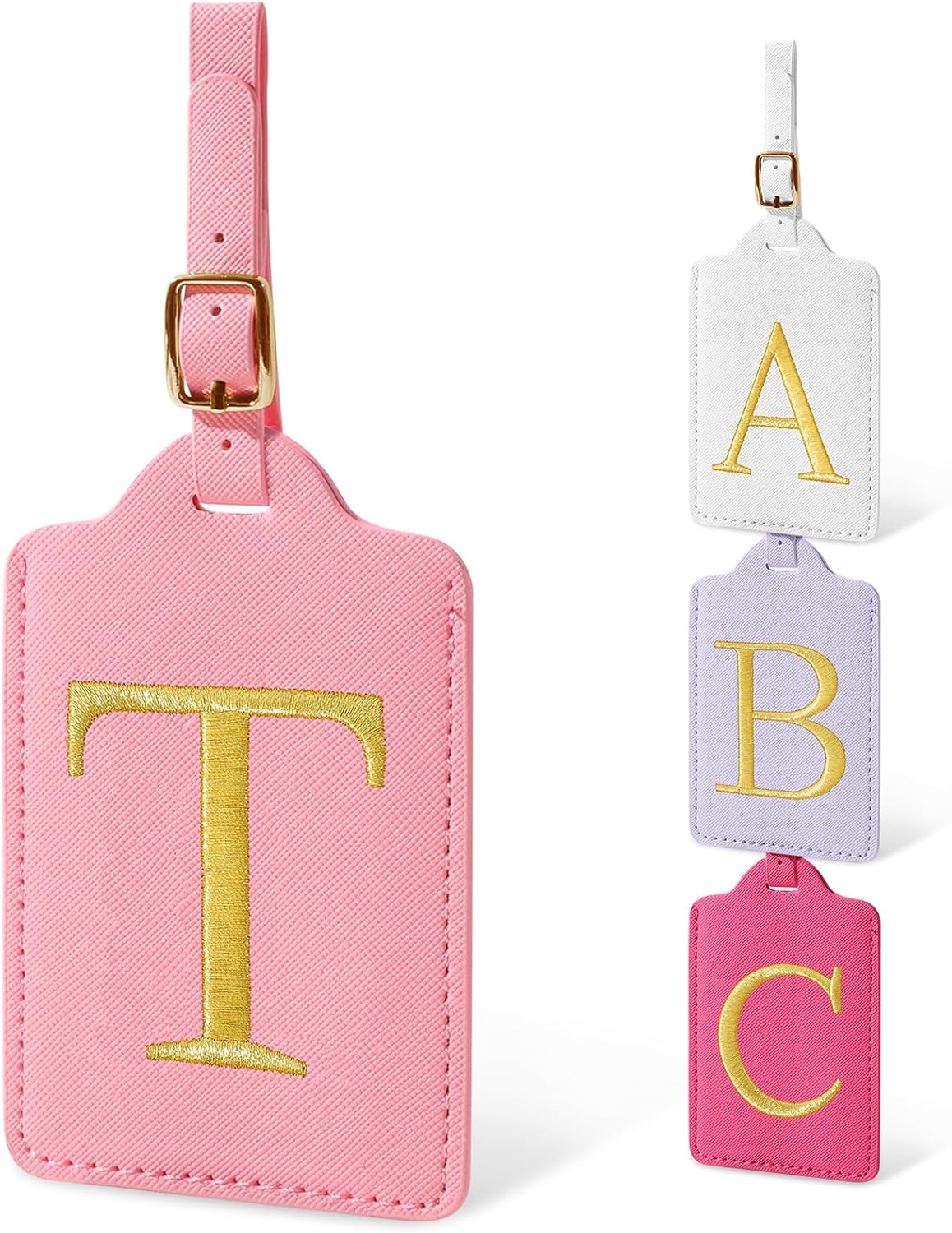 Initial Letter Luggage Tag for Suitcase, Cute Luggage Bag, Waterproof PU Leather Travel Luggage Tag, Suitcase Identifier Name Tag, Monogrammed Suitcases Tags, Bag Tags for Handbags(Pink T)