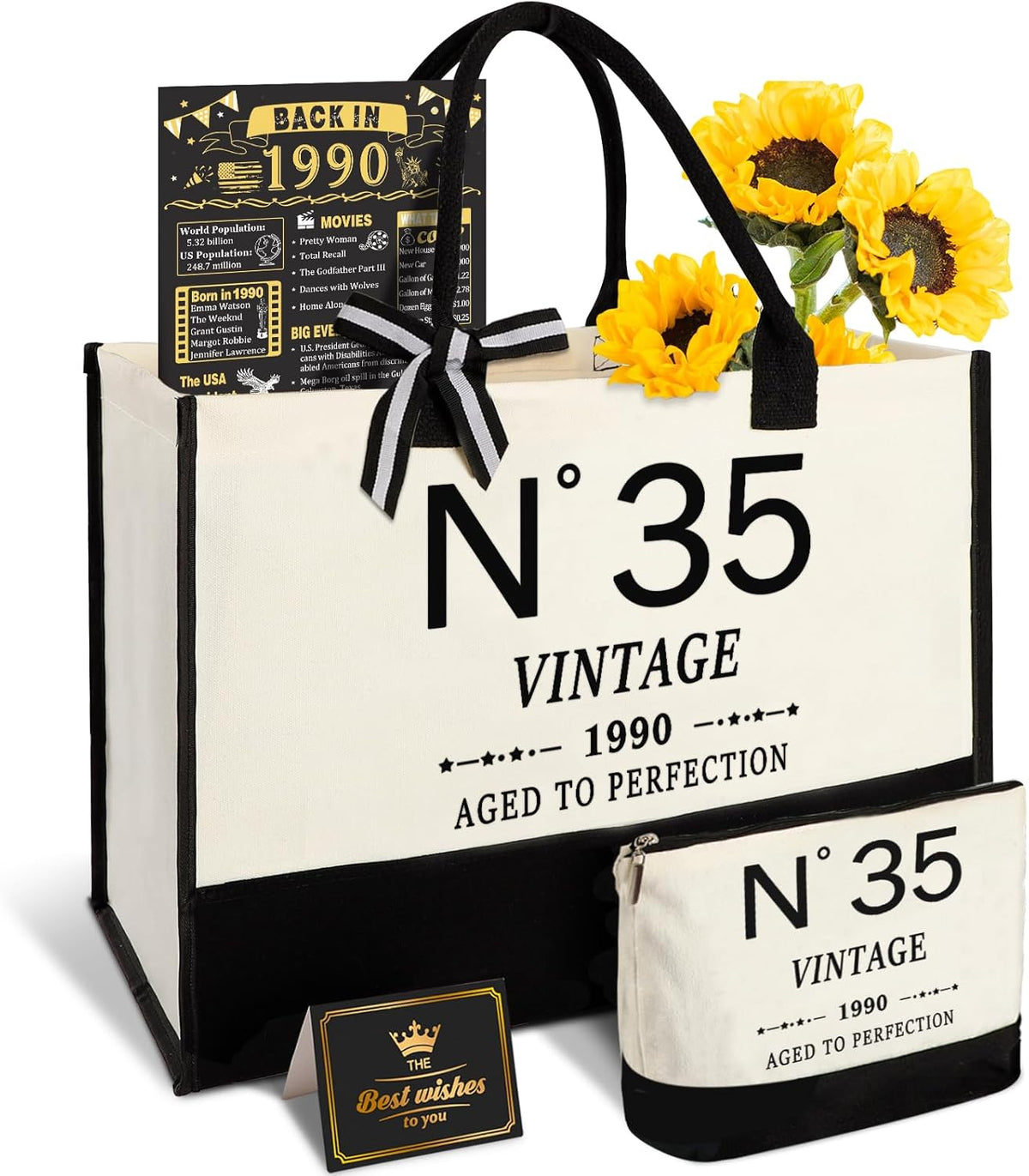 35th Birthday Gifts for Women Canvas Tote Bag Travel Gear,Unique 35 Years Old Gifts for Wife Mom Sister Aunt Friends Her, Vintage N°35 Handbag & Cosmetic Bag & Back in 1990 Poster