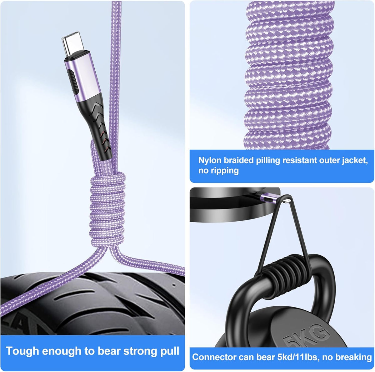Durcord USB C Charger Cable, 2Pack 10ft Fast Charging USB Type C Cord Cable for Android Phone Pad Laptop, USB A to USB C Type C Charger Cable Compatible with iPhone 15 Pro/Plus/Max-Light Purple