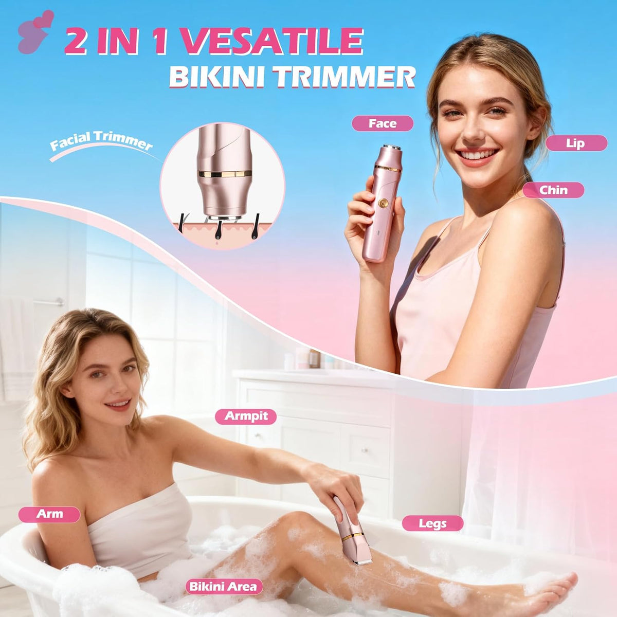 Bikini Trimmer for Women - Flawless Electric Razors for Women for Facial Hair, Pubic Hair & Legs, Waterproof Electric Shaver with Ceramic Blades, Travel-Friendly Perfect Gromming Gift for Her
