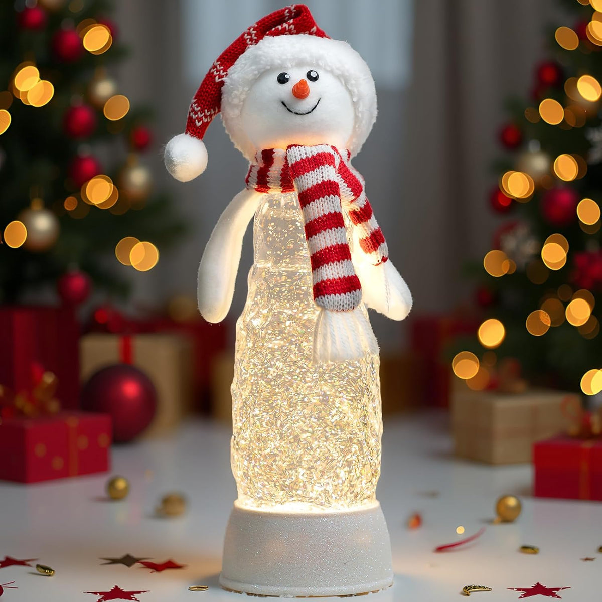 Christmas Snowman Decorations, Colorful LED Lighted Snowman Plush Swirling Glitter Musical Christmas Snow Globe, Christmas Water Lantern Ornaments for Festival Decoration Gifts