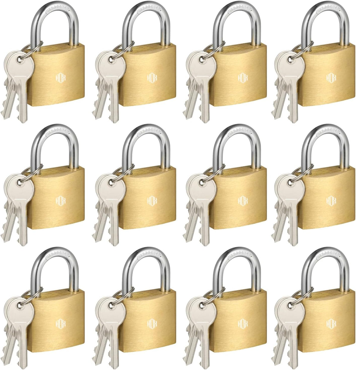 HOX 12-Pack Keyed Padlock, Waterproof and Rustproof, Solid Brass Lock with 1-1/4" Wide Body, Padlock with Keys for Storage Unit, Sheds, Garages and Fence