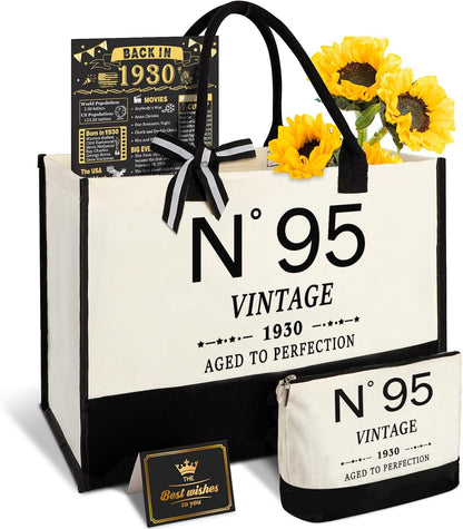 95th Birthday Gifts for Women Canvas Tote Bag Travel Gear,Unique 95 Years Old Gifts for Wife Mom Sister Aunt Friends Her, Vintage N°95 Handbag & Cosmetic Bag & Back in 1930 Poster