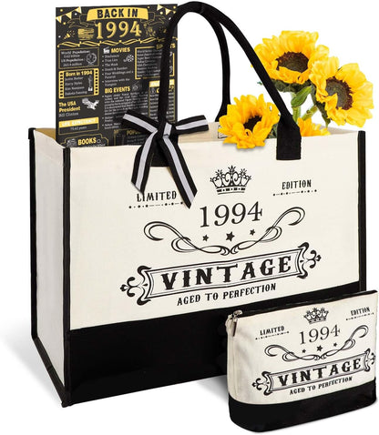 YeohJoy 31st Birthday Gifts for Her Canvas Tote Bag Travel Gear, Unique 31 Years Old Birthday Gifts for Girlfriend Sister Friends Women, Vintage 1994 Handbag & Cosmetic Bag & Back in 1994 Poster
