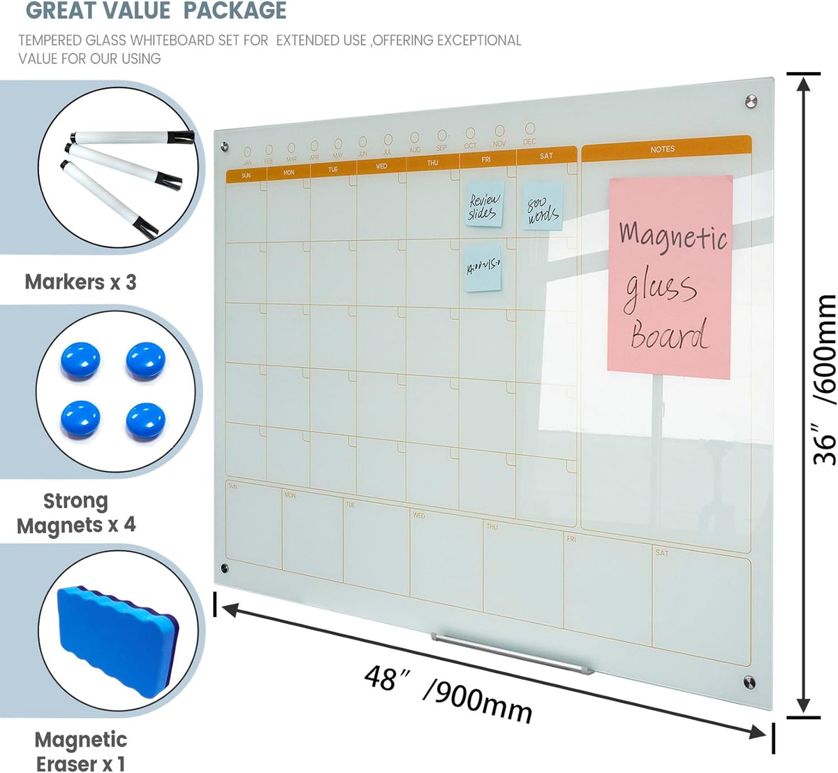 Magnetic Glass Planner Writeboard 36"X48" Monthly/Weekly 3 in 1 Calendar Premium Tempered Glass Dry Erase Boards Frameless Wall Mounted (White)