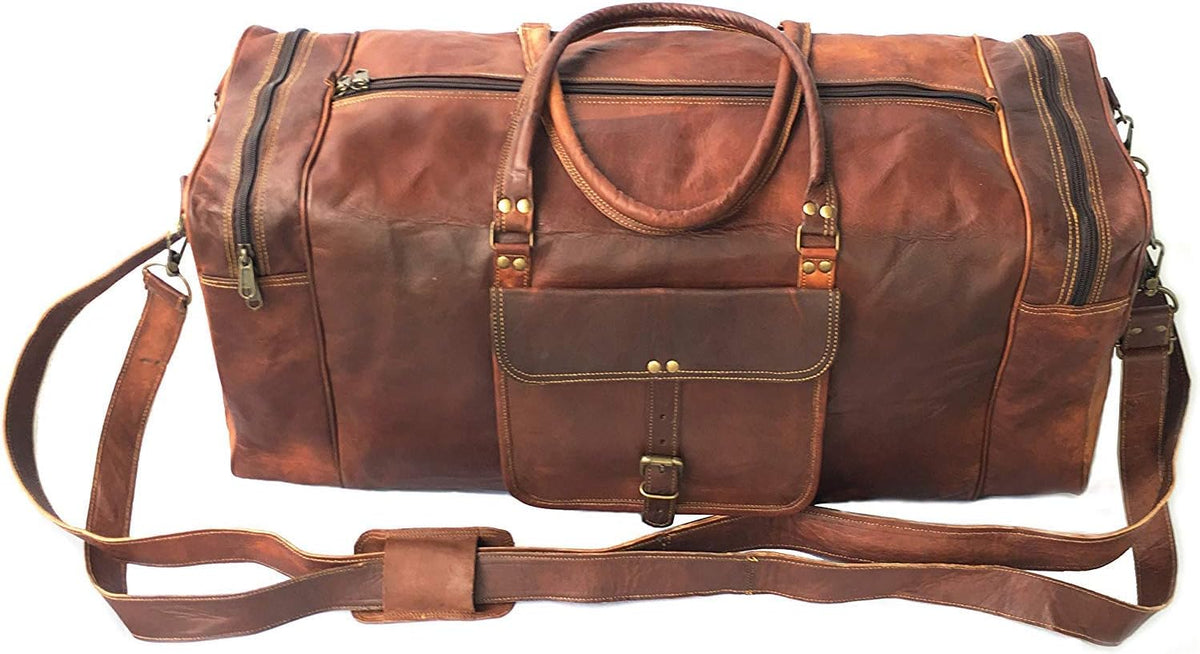 KK's Vintage Leather Duffel Bag, Handcrafted, Stylish & Durable, Ideal for Gym, Travel, Genuine Leather Travel Bag, Brass Rivets & Zippers Size 28"(L),12"(D), 11"(H) Inch