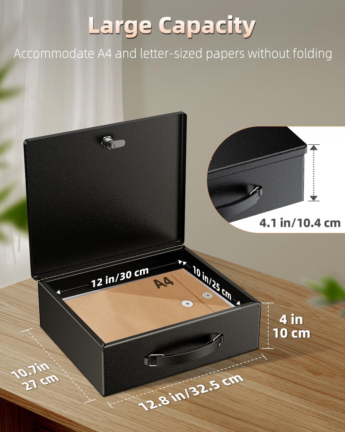 Uniclife Fireproof Document Box with Key Lock & Handle, 13" x 10.9" x 4.1", Large Lock Box for A4 Paper, Water-Resistant Safe Box for Valuables, Passports & Cash, Portable Security Metal Chest