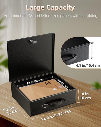Uniclife Fireproof Document Box with Key Lock & Handle, 13" x 10.9" x 4.1", Large Lock Box for A4 Paper, Water-Resistant Safe Box for Valuables, Passports & Cash, Portable Security Metal Chest