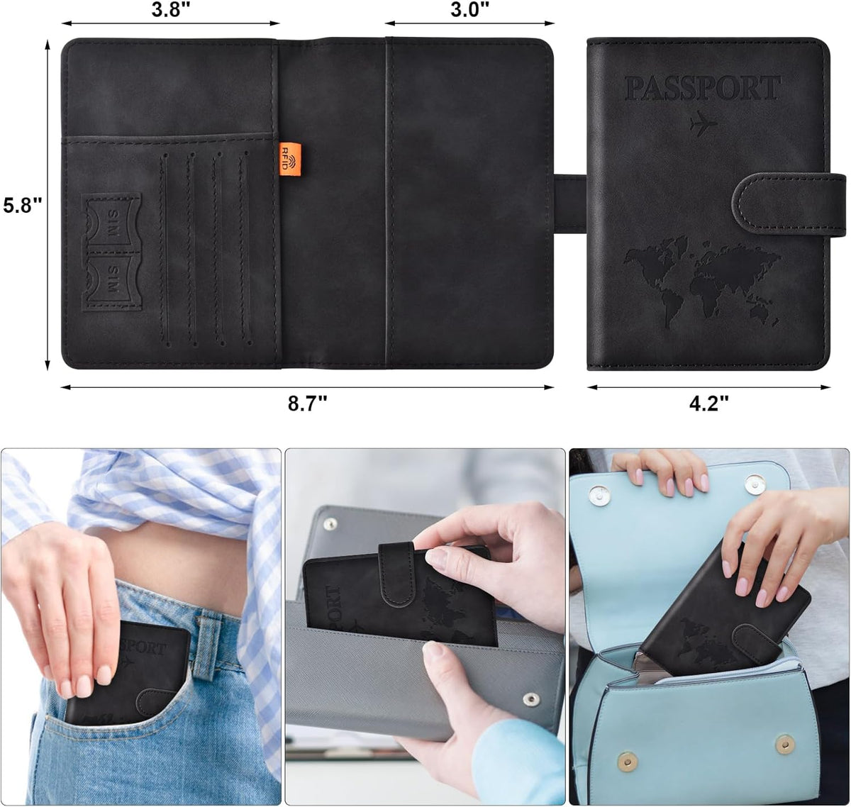 Eoehro Passport Holder for Travel Essentials, Passport Wallet Cover Case for Travel Must Haves Accessories,Passport Book Holders for Women and Men(black)
