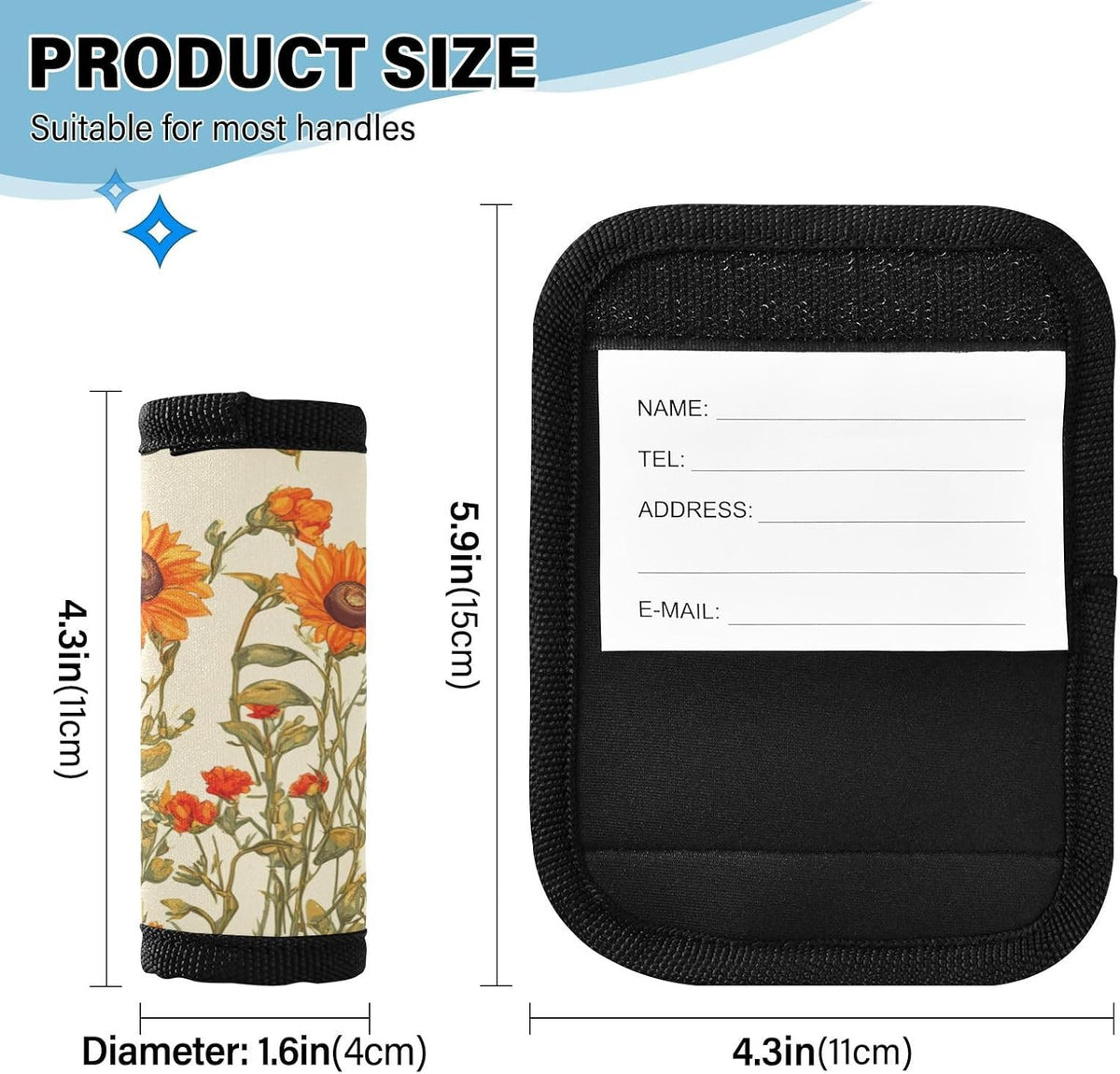 Sunflowers Bushes and Poppy Flowers Beige 4 Pack Luggage Handle Wraps Covers for Suitcase Identifiers Bag Tags Travel Accessories