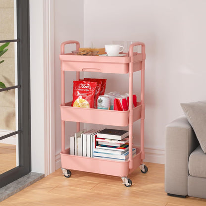 Calmootey 3-Tier Rolling Utility Cart with Drawer,Multifunctional Storage Organizer with Plastic Shelf & Metal Wheel,Storage Cart for Kitchen,Bathroom,Living Room,Office,Pink