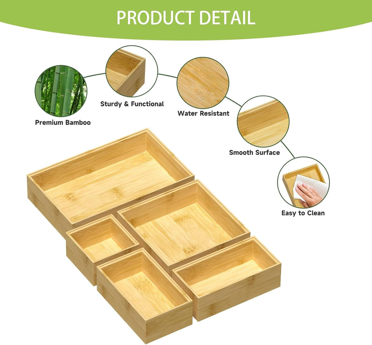 Bamboo Drawer Organizer Set, 5 PCS Multi-use Varied Sizes Junk Drawer Organizer Kitchen Storage Box for Office, Home, Bedroom, Bathroom, Bamboo