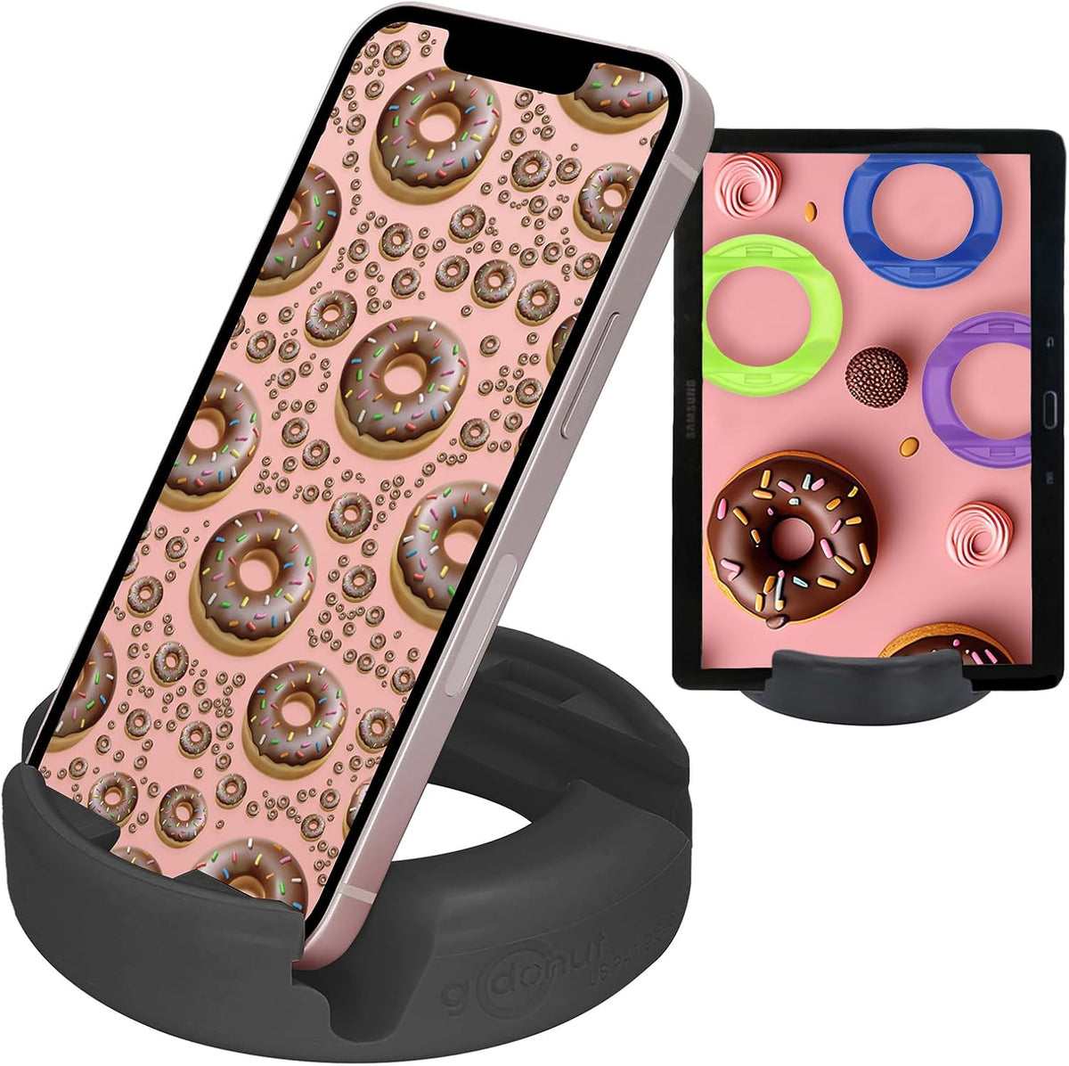 GoDonut – Phone Stand Original – Cell Phone Holder + Tablet Stand Desk Organizer – Compatible with Tablet, iPhone 16 15 14 Pro Max, Android & Most Smartphones - Black